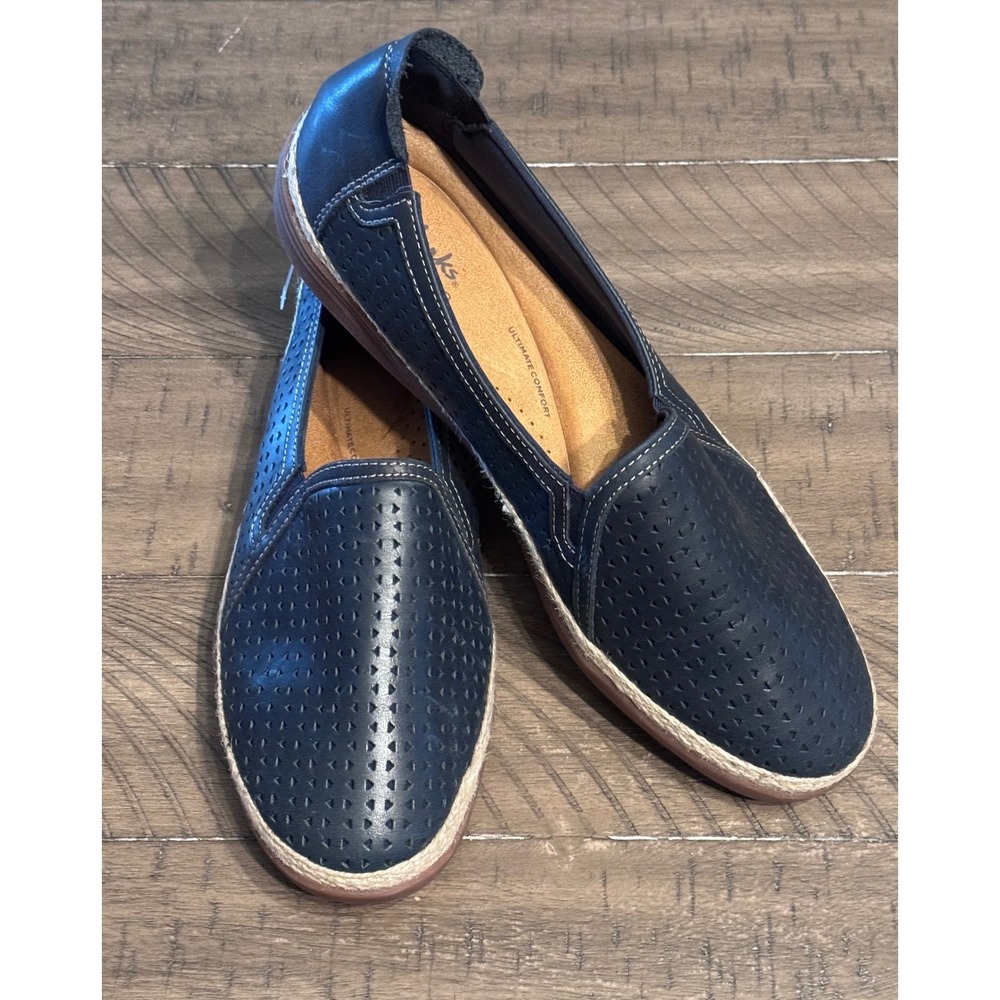 Clarks Collection Mira Ruby Navy Blue Perforated Leather Espadrille Loafers 11 M